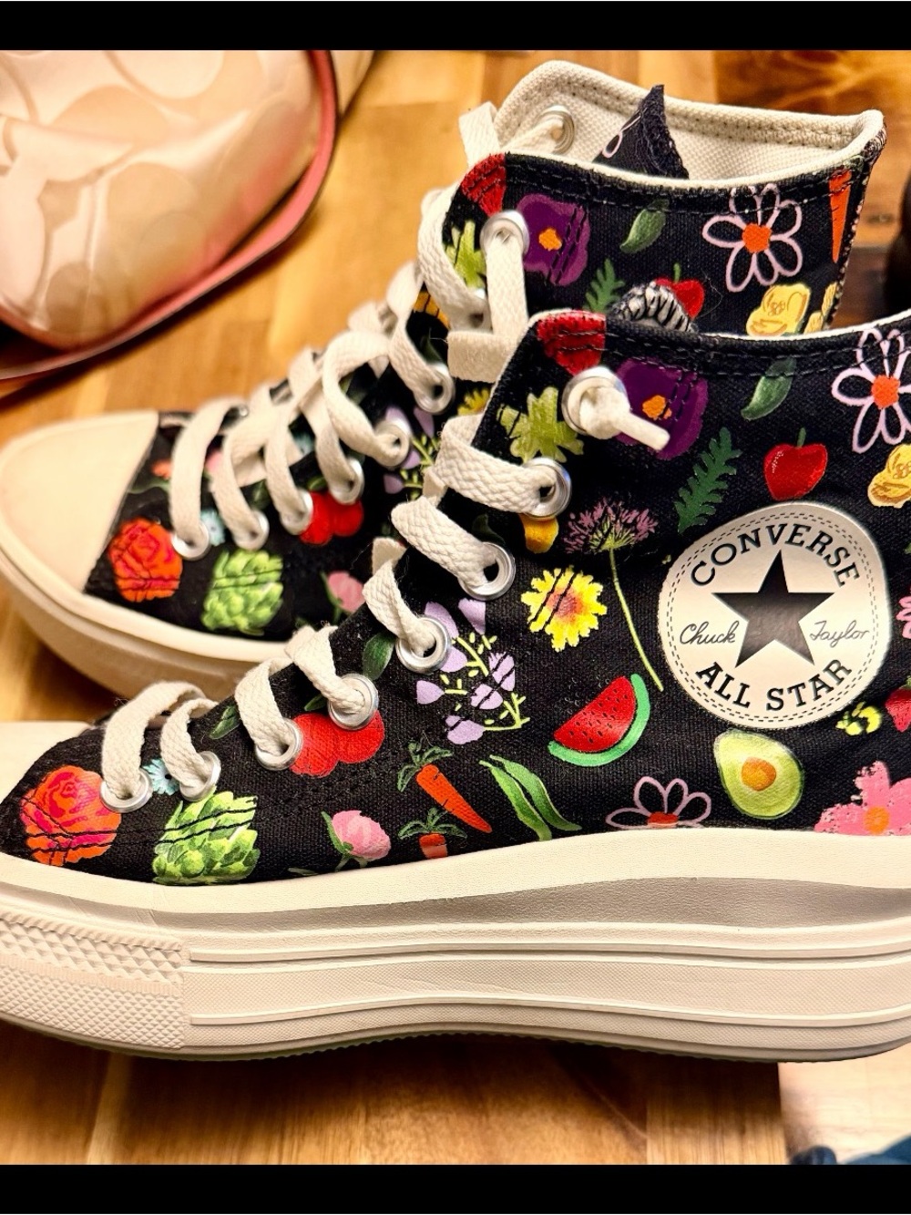 Converse High Top Sneakers in Black with Multicolor Floral & Fruit Print